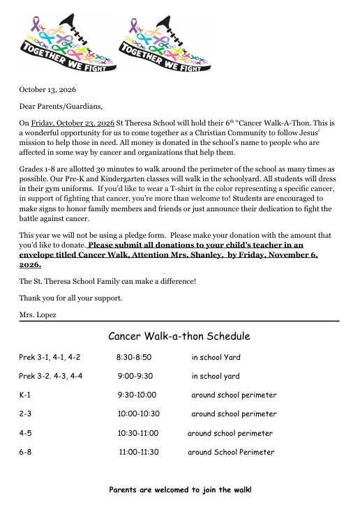 St Theresa School 6th Annual Cancer Walk