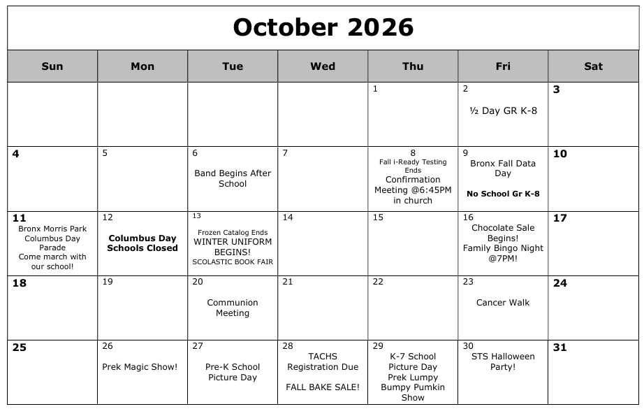October 2026 School Calendar